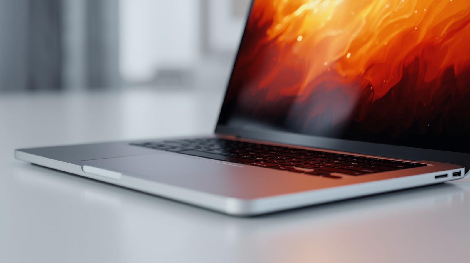 Laptop glowing with warm colours on a clean desk
